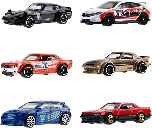1/64 Hot Wheels 6 Pack Custom Datsun 240z, 2018 Honda Civic Type R, '70 Toyota Celica, Mazda RX-7, Subaru WRX STi, and '82 Nissan Skyline (MP)