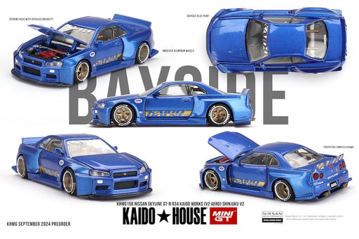 1/64 Kaido House by Mini GT Nissan Skyline GT-R R34 Kaido Works V2 Aero Shinjuku V2 Blue #158