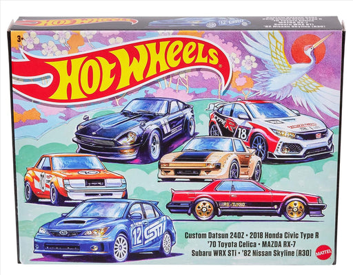 1/64 Hot Wheels 6 Pack Custom Datsun 240z, 2018 Honda Civic Type R, '70 Toyota Celica, Mazda RX-7, Subaru WRX STi, and '82 Nissan Skyline (MP)