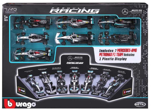 Bburago 1/43 Mercedes AMG Petronas F1 Die-Cast Model Car 7-Pack with Display Stand Deluxe Gift Set
