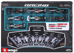 Bburago 1/43 Mercedes AMG Petronas F1 Die-Cast Model Car 7-Pack with Display Stand Deluxe Gift Set
