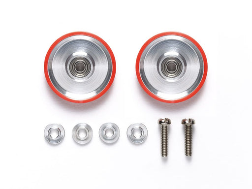 Mini 4WD GUP 17mm Aluminum Ball-Race Rollers with Plastic Rings Red (Dish Type) (2 pieces)