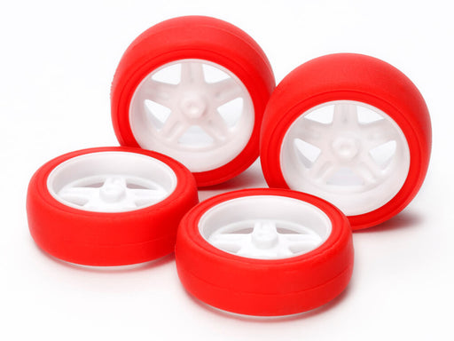 Mini 4WD GUP #504 Large Diameter 5 Spoke Wheels & Hard Red Slick Tires (for Super X/Super XX Chassis)