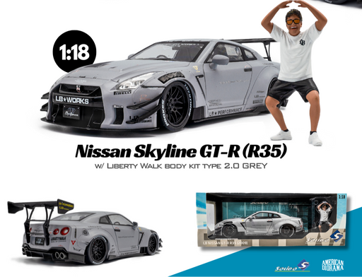 1/18 Solido Nissan GT-R R35 Type 2 Liberty Walk LB Works Coupe in Dull Grey w/ American Diorama Figure of Kato-san S1805821